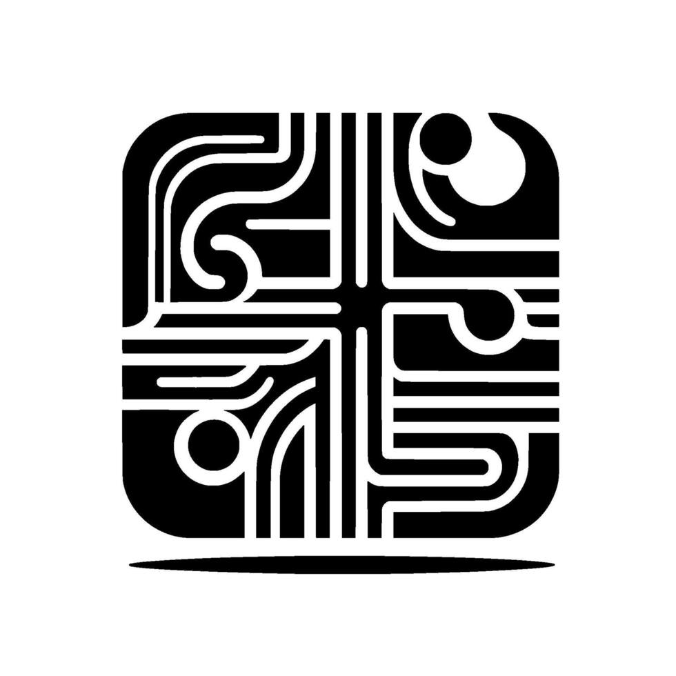 Symmetrical Black and White in a Rounded Square Featuring Abstract Lines, Curves, and Circles. vector