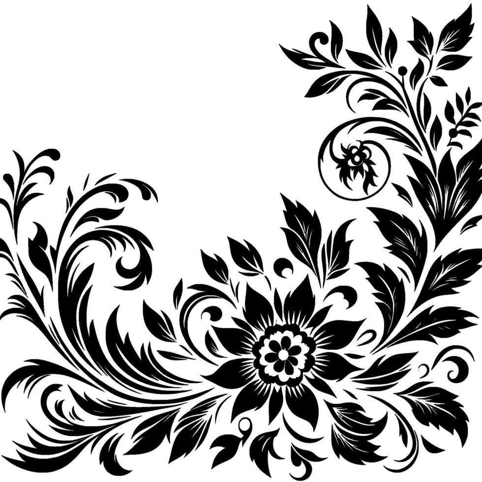 Elegant Black and White Floral Corner with Large Bloom and Detailed Foliage on Blank Backdrop. vector