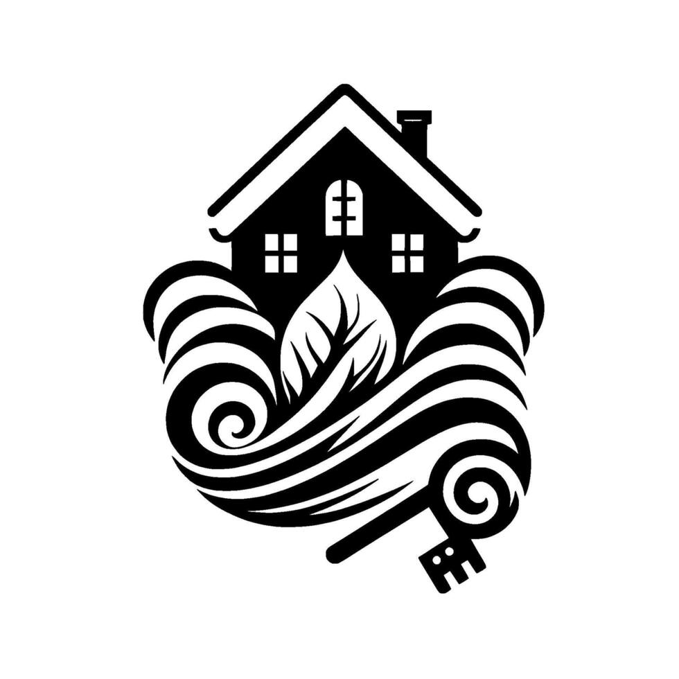 Stylized Black White House over Waves Leaf with a Key Suggesting Home, Nature, and Security. vector