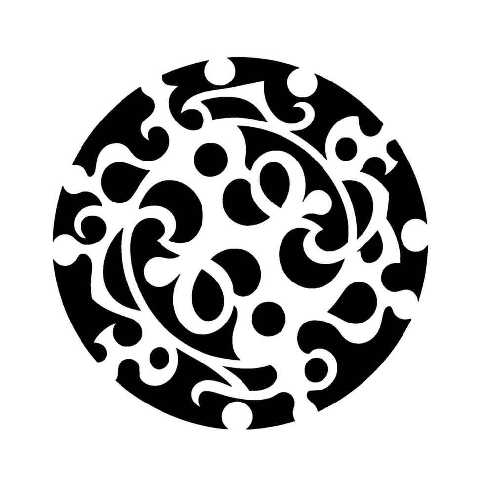 Intricate Black and White Circular Ornament A symmetrical featuring swirling floral and dot patterns contained within a solid black circle, rendered in a high contrast style. vector