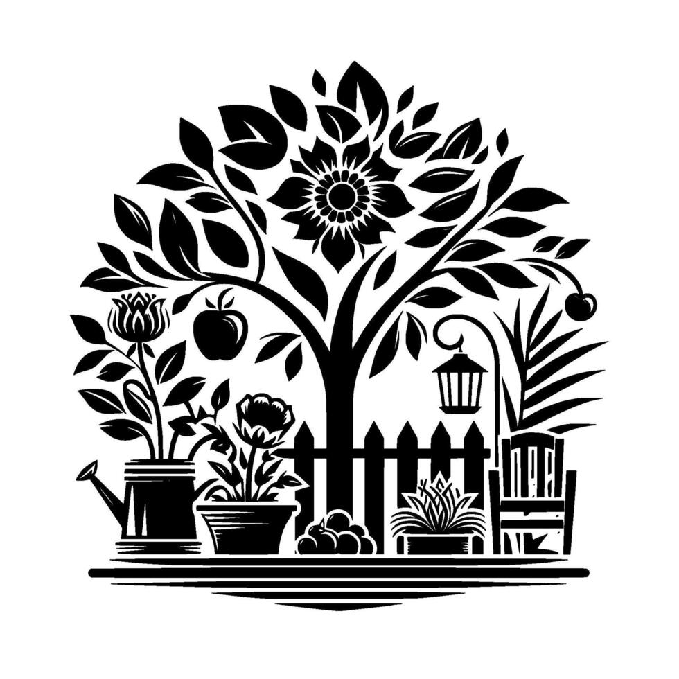 Whimsical Black and White Garden Illustration A Floral Tree, Potted Plants, Fence, and Lantern, on White Background vector