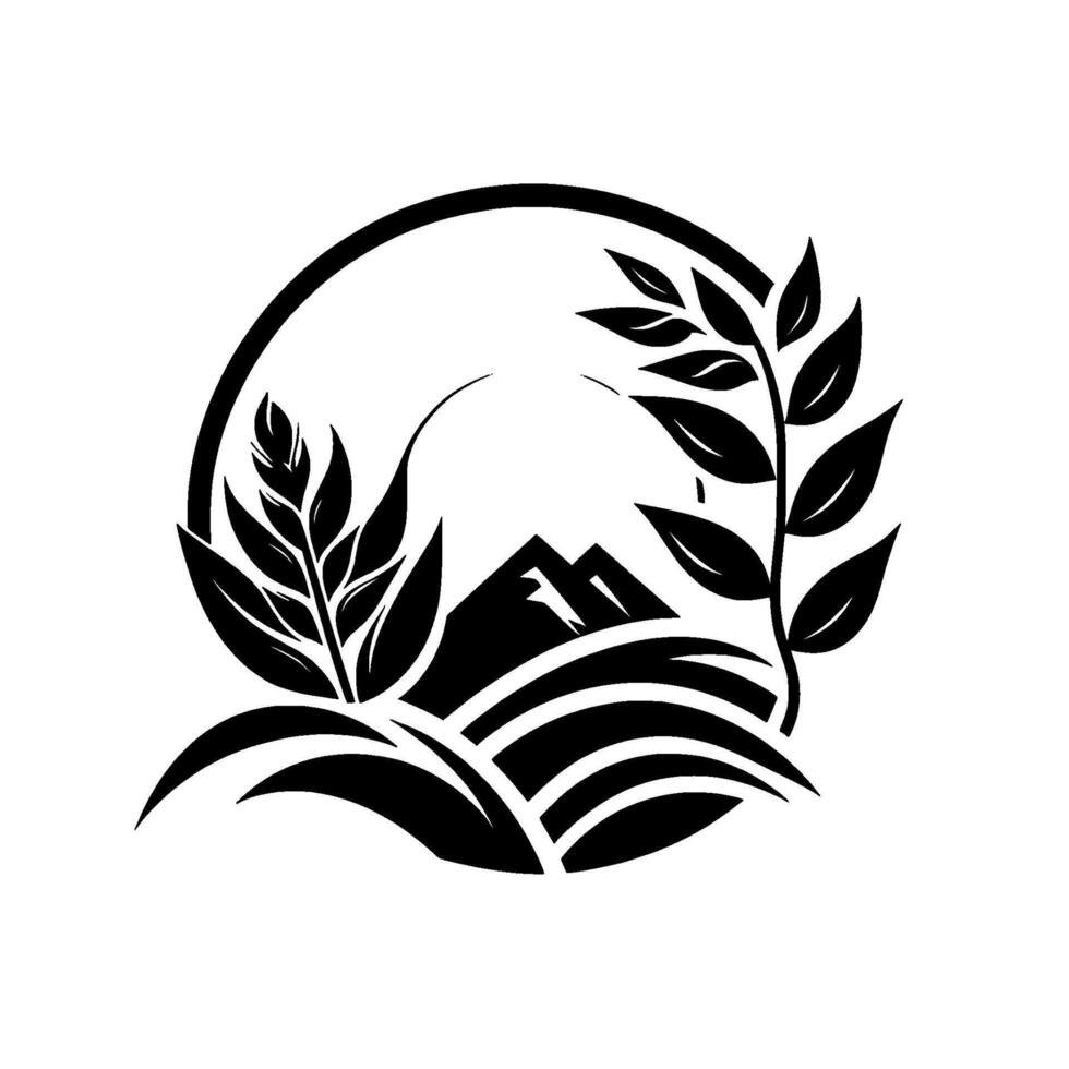 Abstract black and white showcasing mountains, wheat fields, and vegetation, framed by a circle. vector