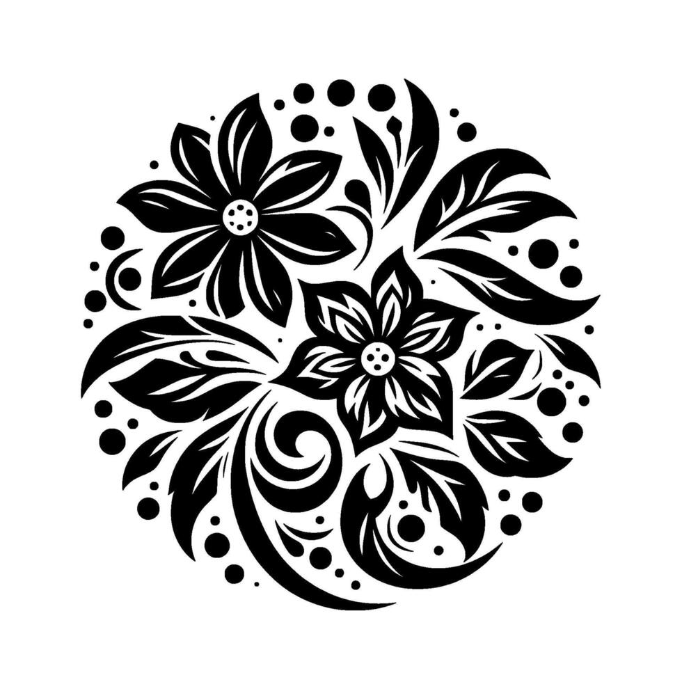 Intricate Black and White Floral Mandala Stylized Blooms, Leaves, and Dots Form a Symmetrical, Circular on White. vector