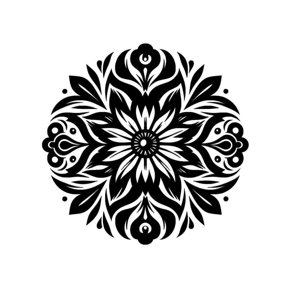 Ornate Black and White Floral Mandala with Leafy Elements, Symmetrical Composition, and Intricate Details, on a White Background. vector