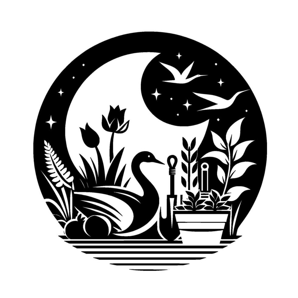 Serene Garden Scene A Black and White Circle Composition Featuring a Swan, Moon, Birds, and Floral Elements. vector