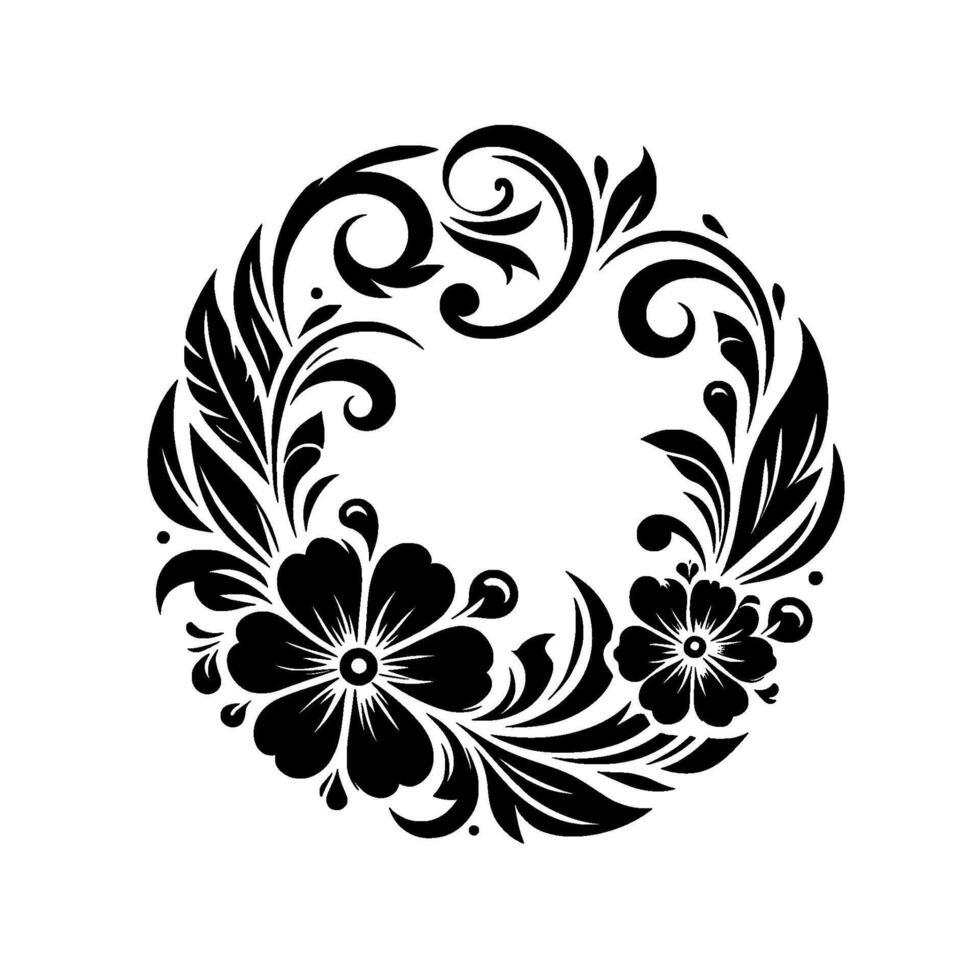 Intricate Black Floral Wreath with Leaves, Spirals, and Dot Accents, on White Background. Decorative Element. vector