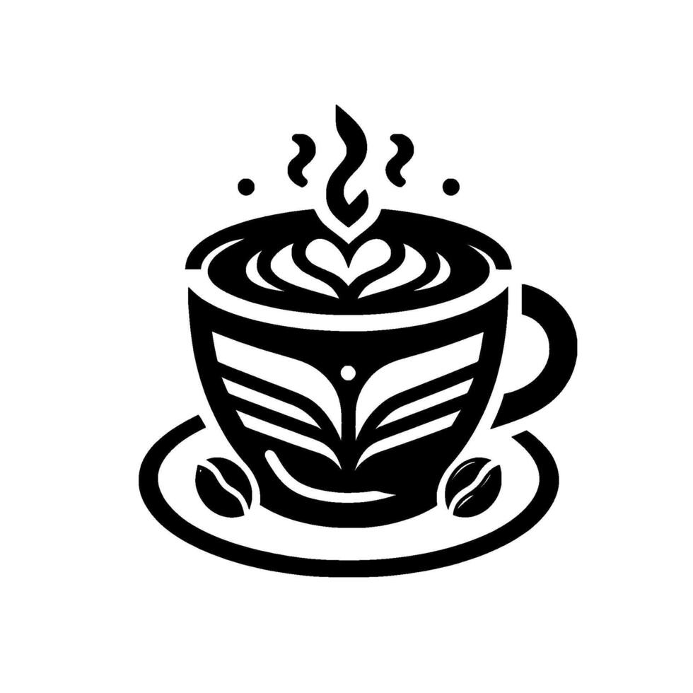 Monochromatic coffee cup , featuring a heartshaped latte art , coffee beans, and steam, set against a simple white background. vector
