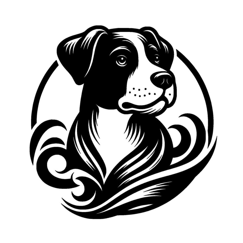 Black and White Dog Silhouette in a Circular Frame with Tribal Ornamental Accents, Portraiture, and a Bold . vector