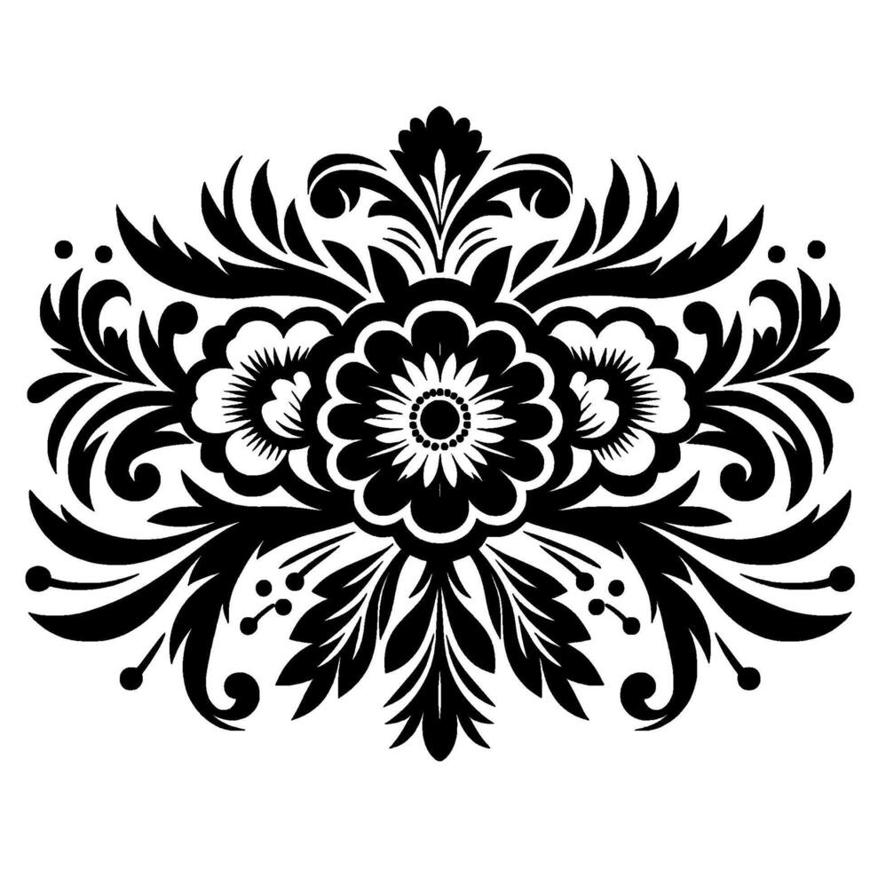 Intricate Black and White Floral with Symmetrical Arrangement, Detailed Petals, Decorative Elements, and Ornamental Leaves on a Clean White Background. vector