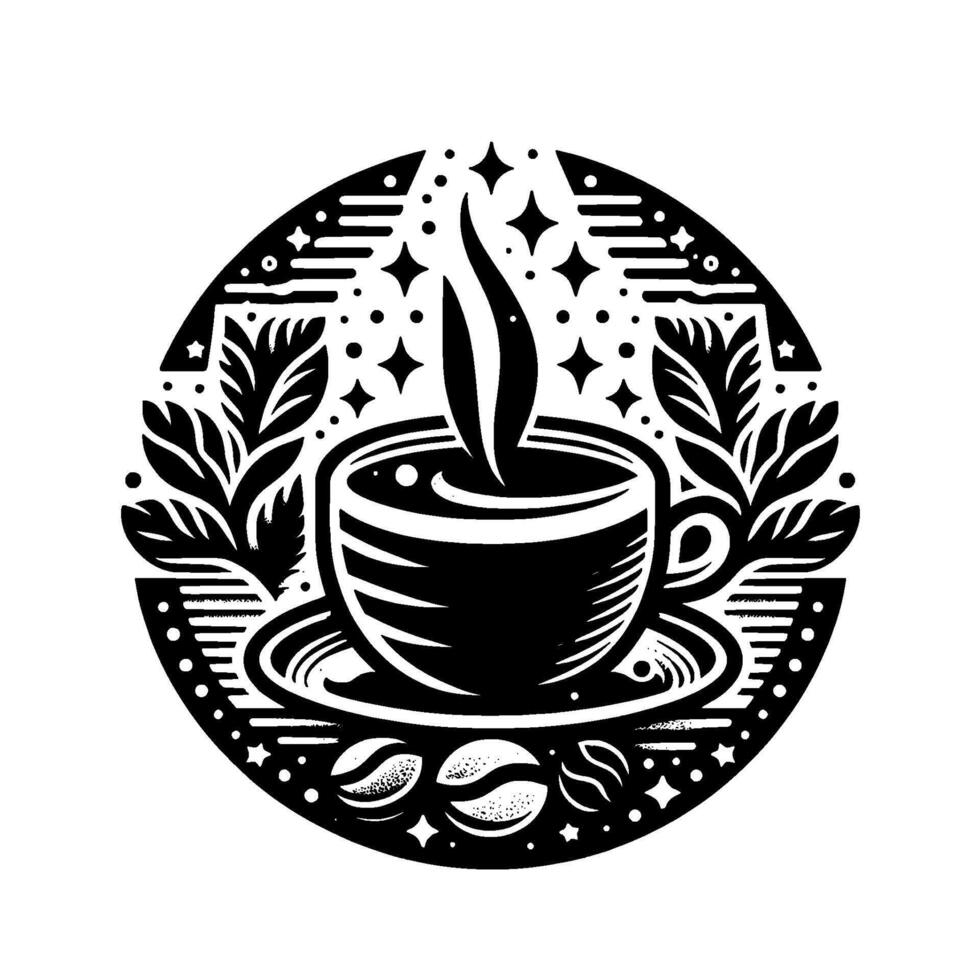Artistic Black White Coffee Cup in a Circular Frame with Leafy Elements, Steam Coffee Beans. vector
