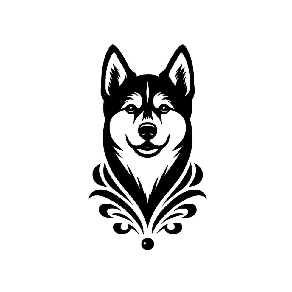 Black and White Husky Portrait with Ornate Flourish stylized illustration of a smiling dog with symmetrical on a clean white background. vector