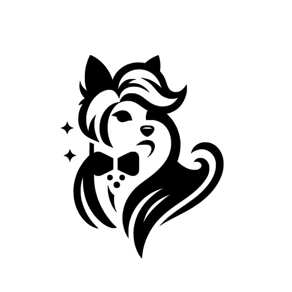 Elegant Black and White Stylized Yorkshire Terrier Portrait with Bow Tie and Star Accents on White Background. vector