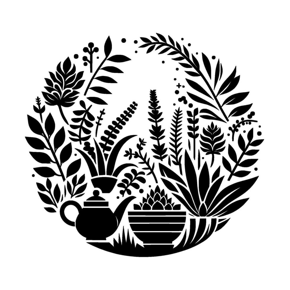 Monochromatic Floral Arrangement in a Circle with Teapot and Pot Decorative Black and White Plant Life Illustration vector