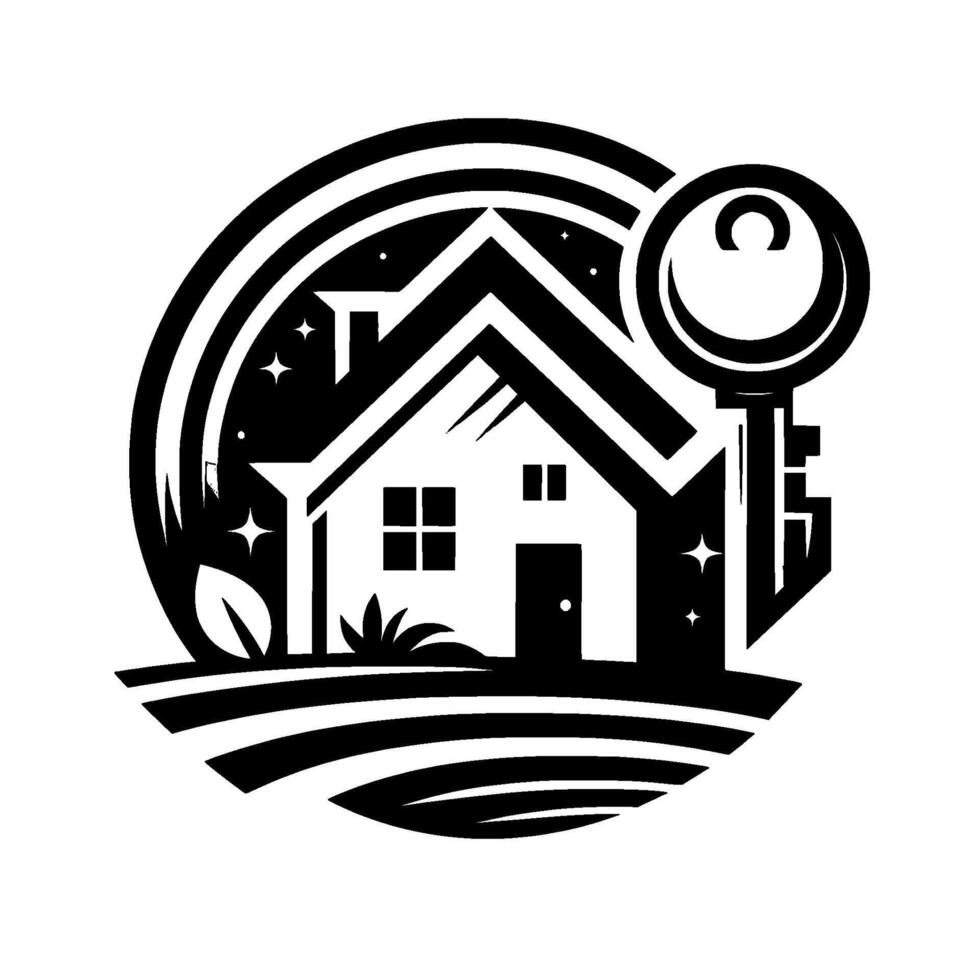 Monochrome real estate emblem featuring house silhouette enclosed in a circle with a key, stars, and foliage elements symbolizing home ownership and security. vector