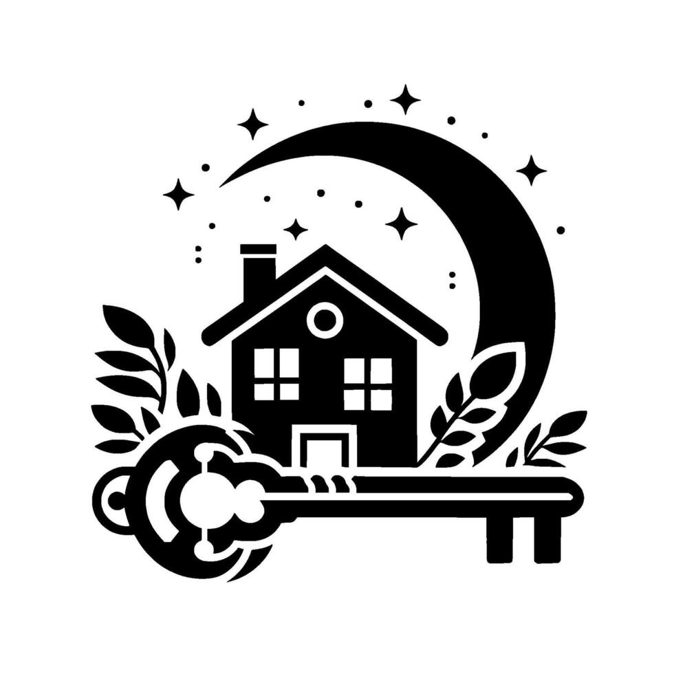 Celestial Home Silhouette illustration of a house with a crescent moon, stars, key, and leaves, evoking dreams and new beginnings. vector