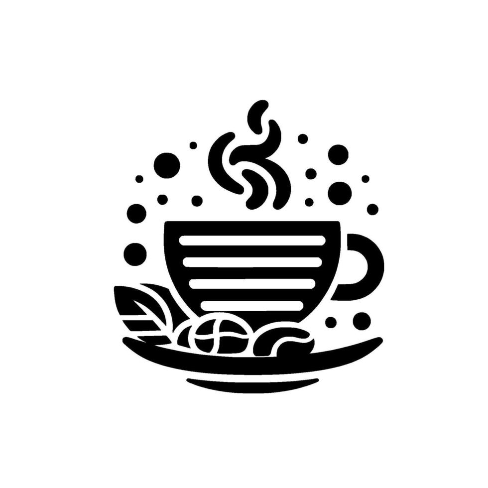 Stylized black and white illustration of a steaming coffee cup with a saucer, coffee beans, and leaves, surrounded by scattered bubbles, evoking warmth and simplicity. vector