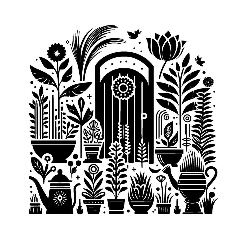 A symmetrical, highcontrast botanical illustration showcasing a garden scene with a central doorway framed by potted plants, flowers, watering cans and birds. vector