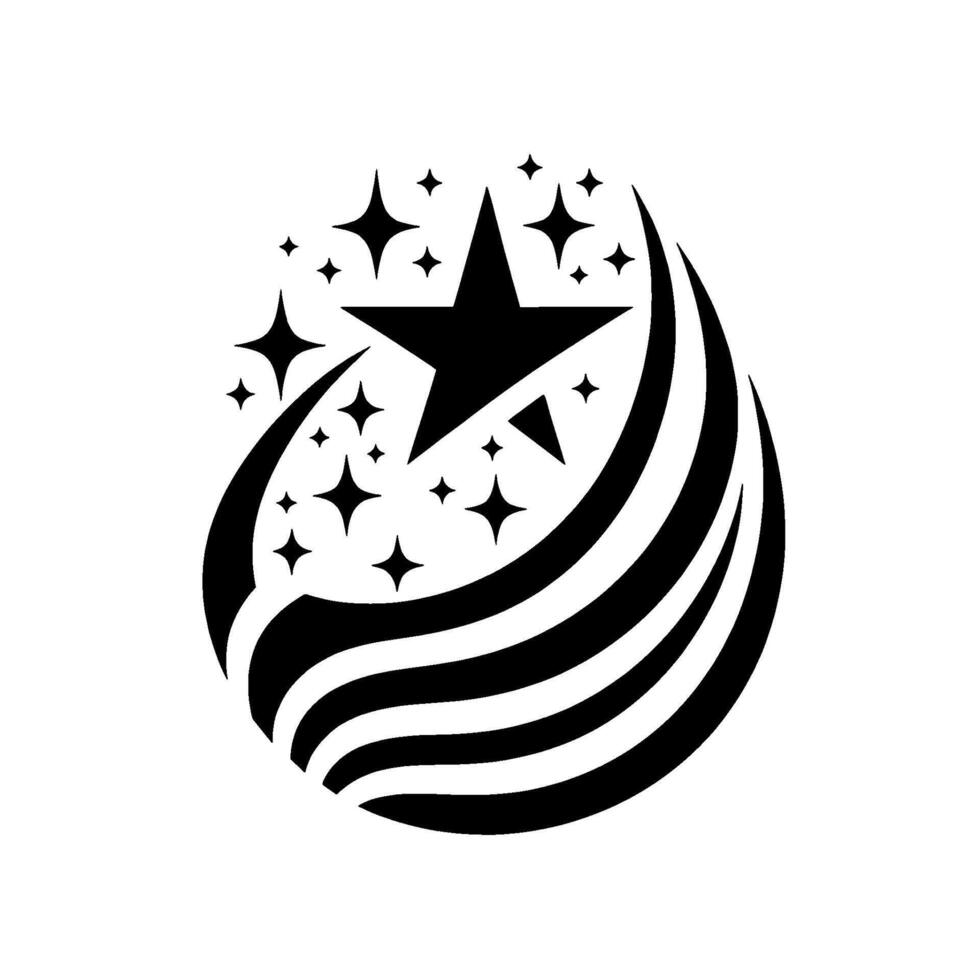 Black and white stylized illustration of a starburst effect with a central fivepointed star surrounded by smaller stars and curved, striped lines in a circular arrangement. vector