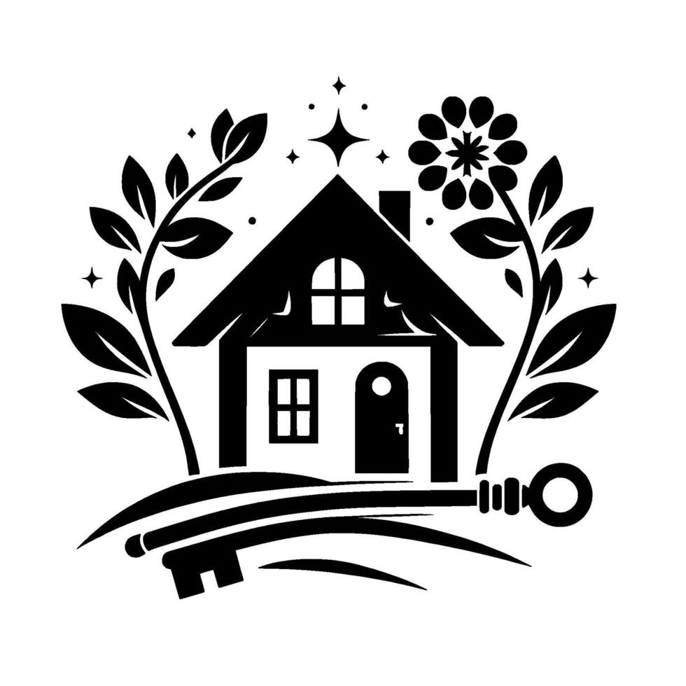 Symbolic Monochromatic Emblem of a Home Featuring a Key, Foliage, and a Flower within a Starry Frame, Representing Key to Homeownership. vector