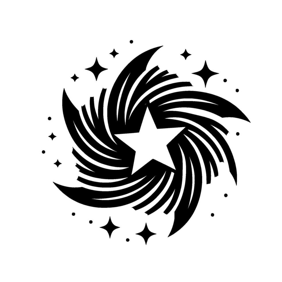 Abstract Black and White Starburst Illustration, Centered White Star with Swirling Lines and Small Star Accents. vector