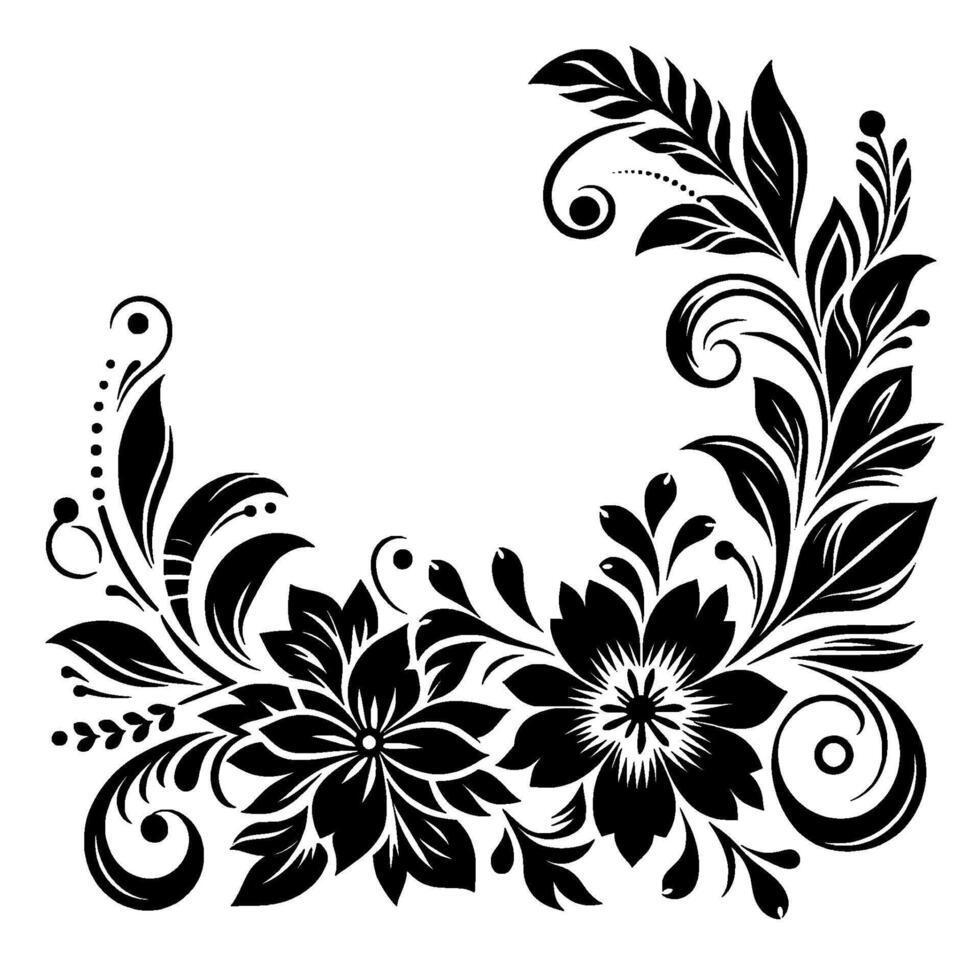 Elegant Floral Corner in Black and White, Featuring Detailed Leaves, Blossoms, and Curvilinear Elements. vector