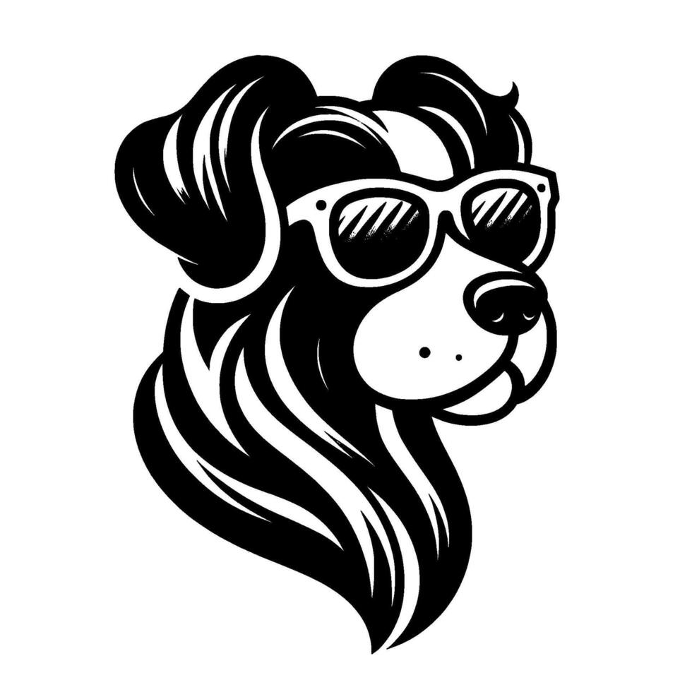 Stylized monochrome illustration of a cool dog wearing sunglasses, with detailed fur and a clean white background. vector