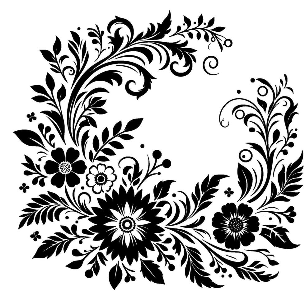 Intricate Black Floral on White, Circular Arrangement with Leaves, Swirls, and Detailed Blossoms. vector