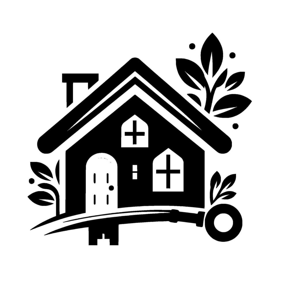 Black and white illustration of a house with a key and foliage, symbolizing real estate, homeownership, and security. vector