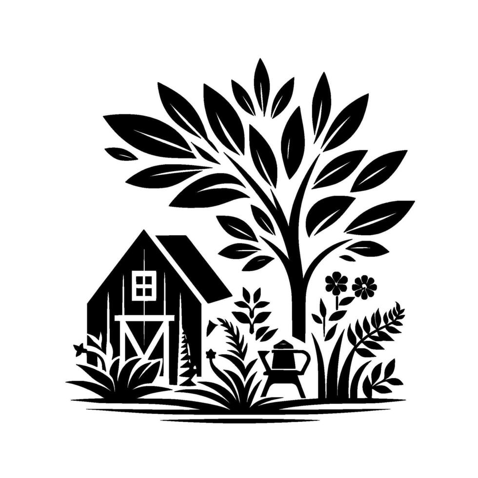 A monochrome idyllic country scene Barn, tree, and garden elements, depicting a serene, classic rural landscape, stylized. vector