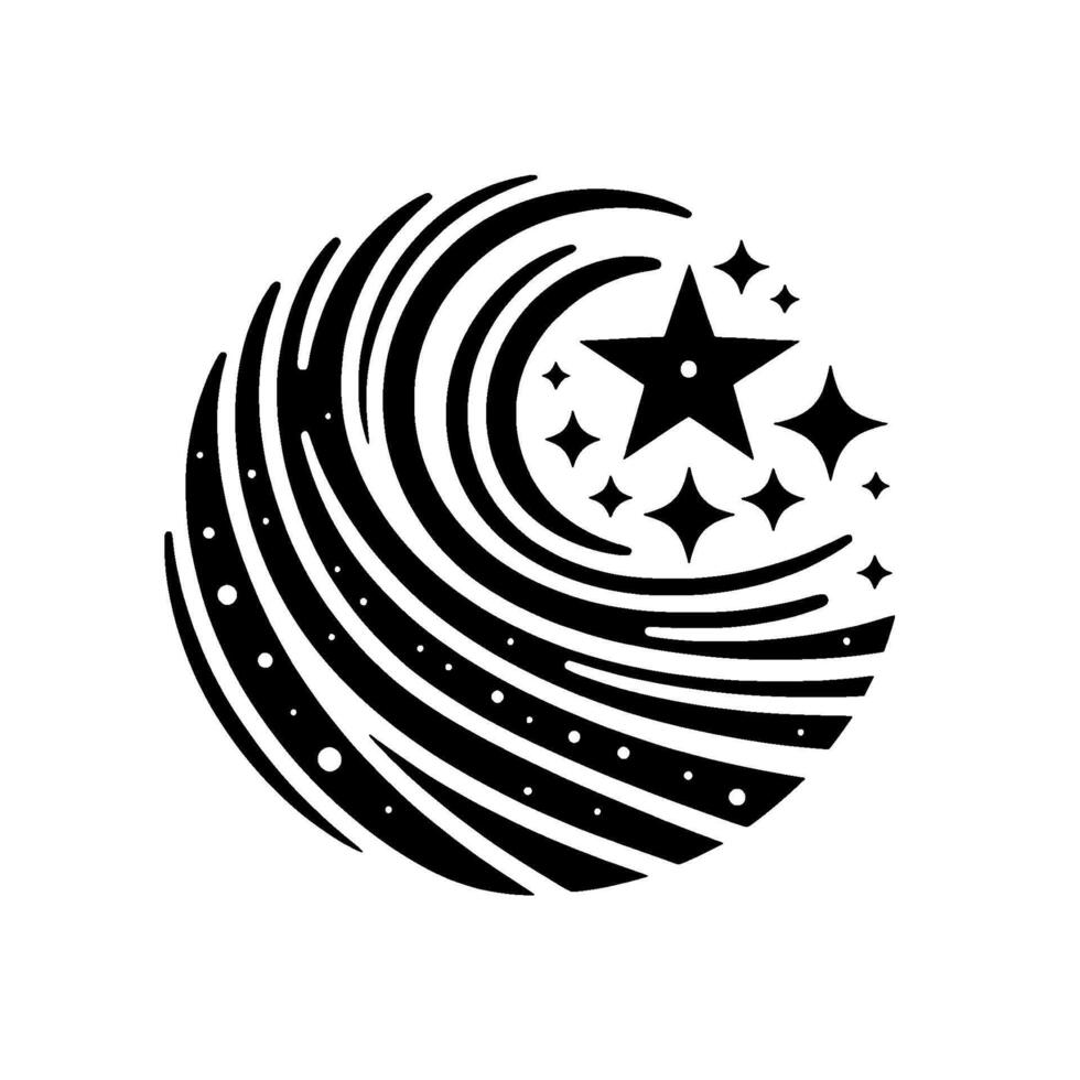 Black and white circular featuring swirling lines, a cluster of stars, and a large central star, evocative of celestial patterns. vector