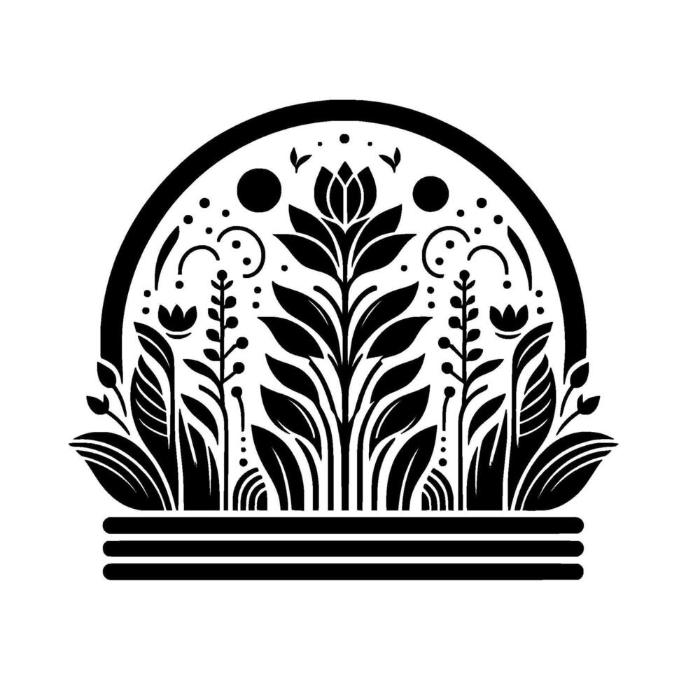 Black and White Floral Arrangement in an Arch Elegant Botanical with Detailed Leafy Forms, Embellishments, and Geometric Accents. vector