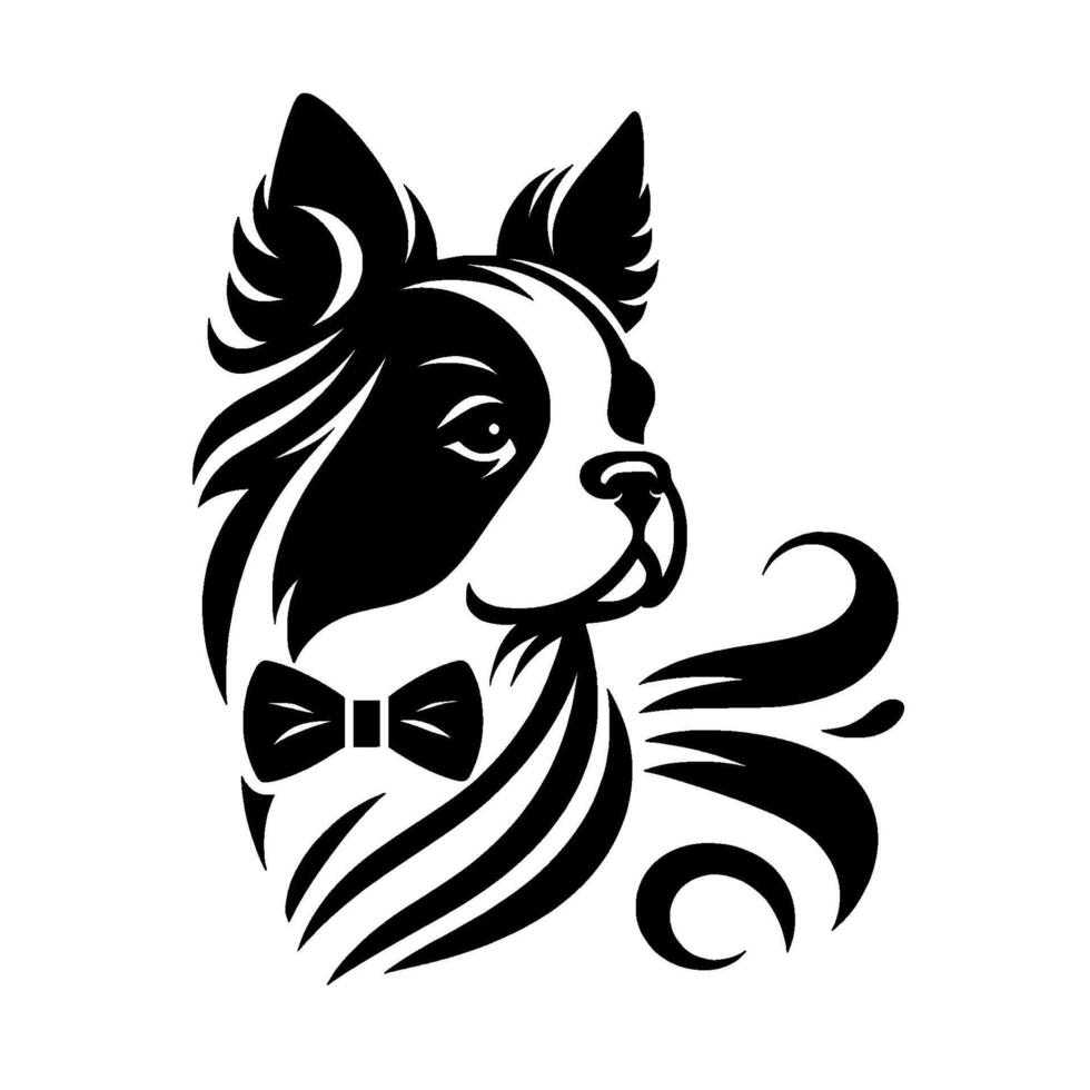 Stylized Black and White Dog Portrait with Bow Tie, Featuring Curly Accents, Simple Elegant on White vector