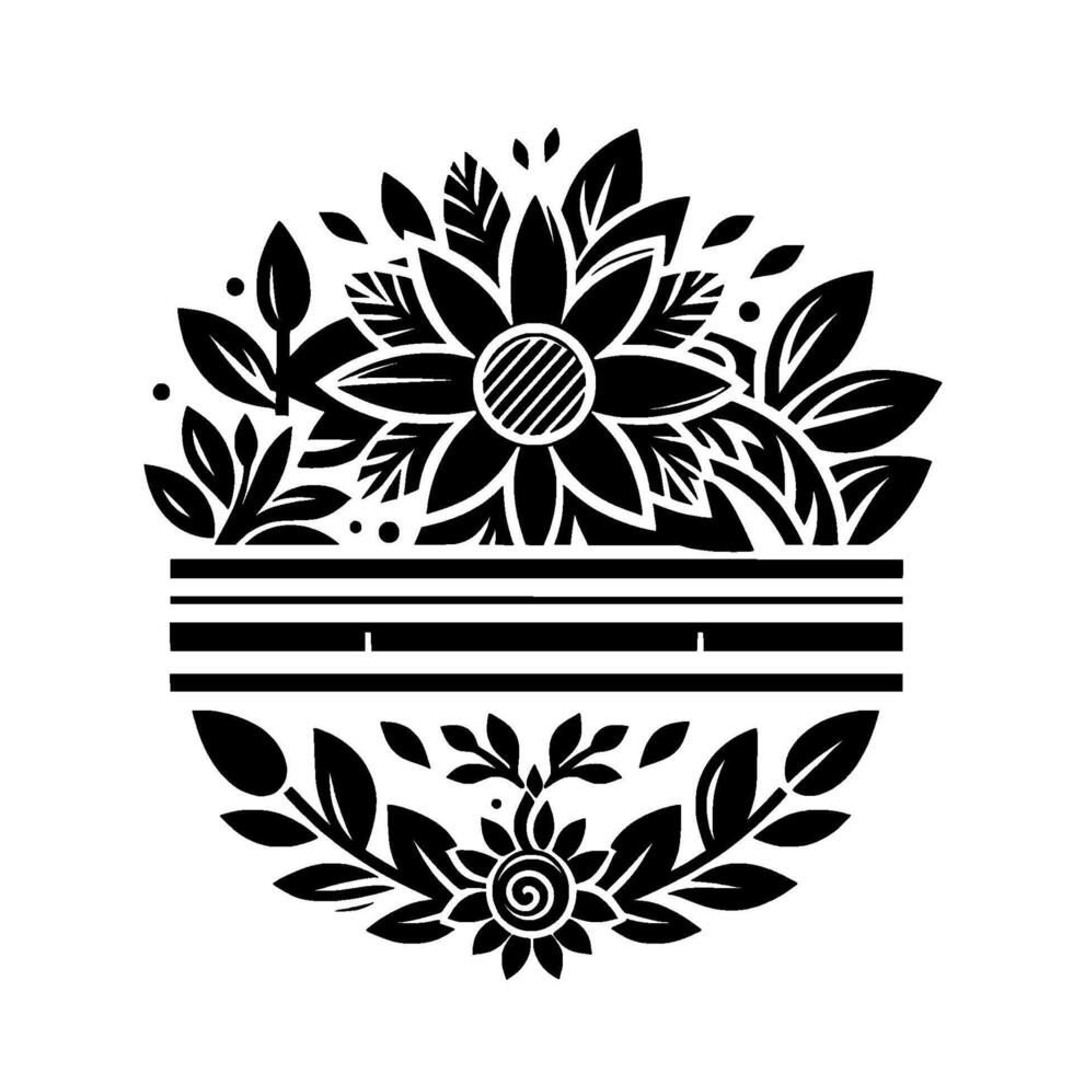 Black and White Floral Arrangement with Sunflowers, Leaves, and a Central Strip Element in a Circular Composition. vector