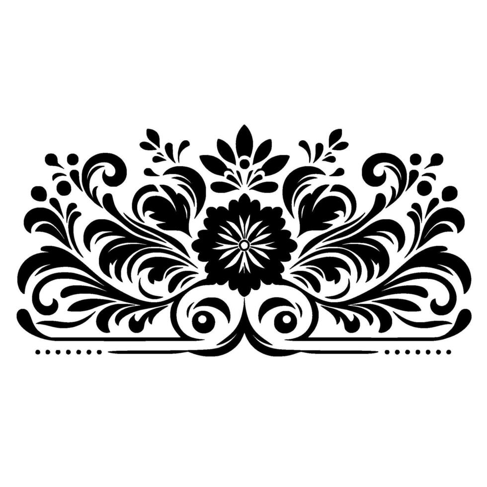 Intricate Black and White Floral with Swirls, Leaves, and Circular Accents on a Clean White Background. vector