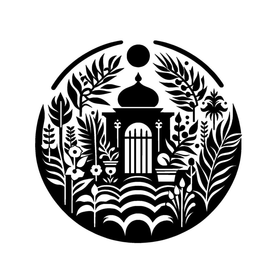Black White Circular Garden Illustration Ornate Mosque, Lush Foliage, Floral Accents, and Decorative Landscape Elements. vector