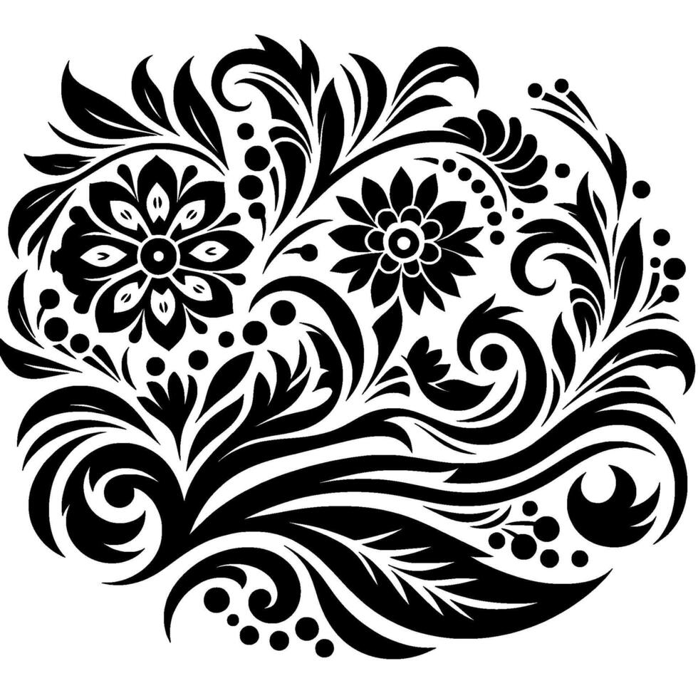 Elegant Black and White Floral Ornament Featuring Flowers, Leaves, Spirals, and Ornate Details in a Symmetrical, Artistic on a White Background. vector