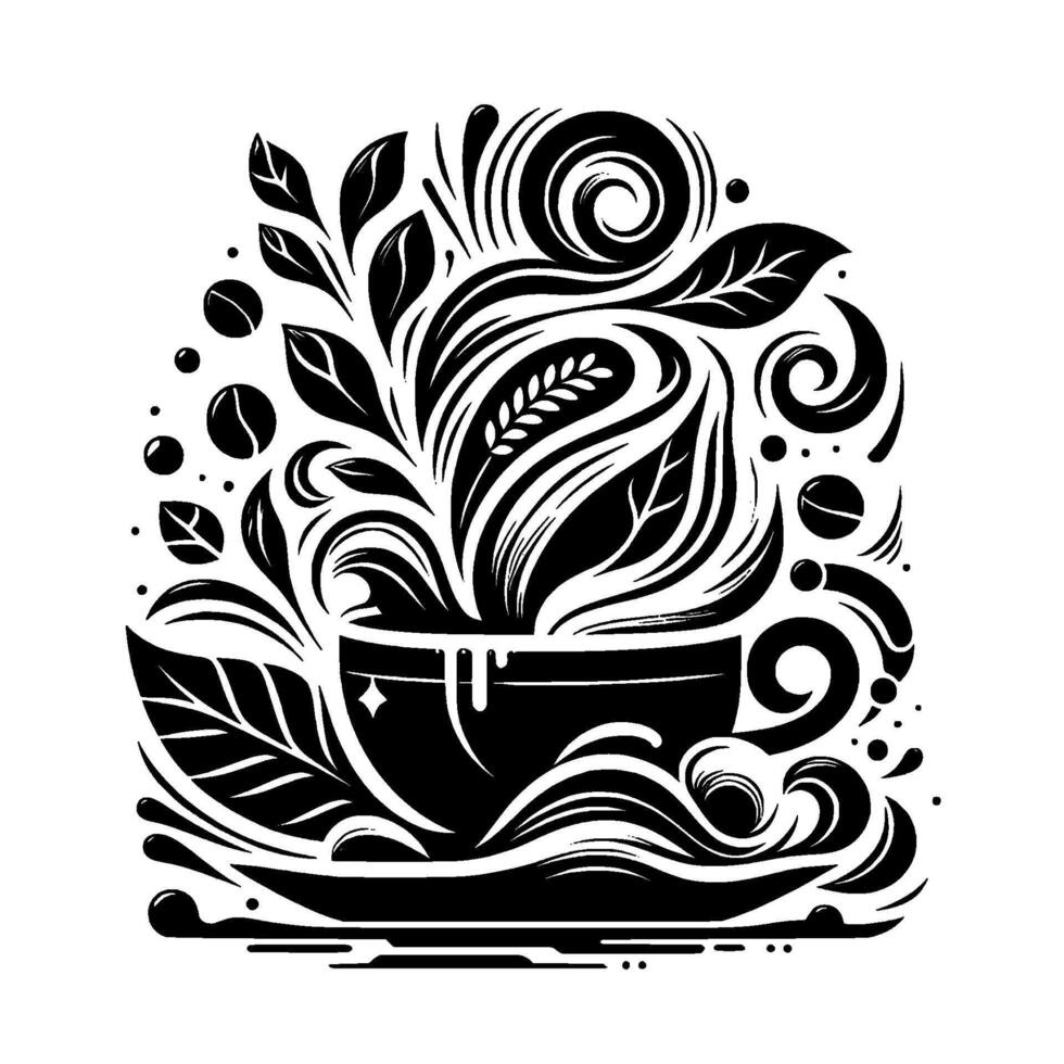 Artistic Black and White Illustration of a Coffee Cup with Leafy Steam and Floral Coffee Bean Accents on a Saucer. vector