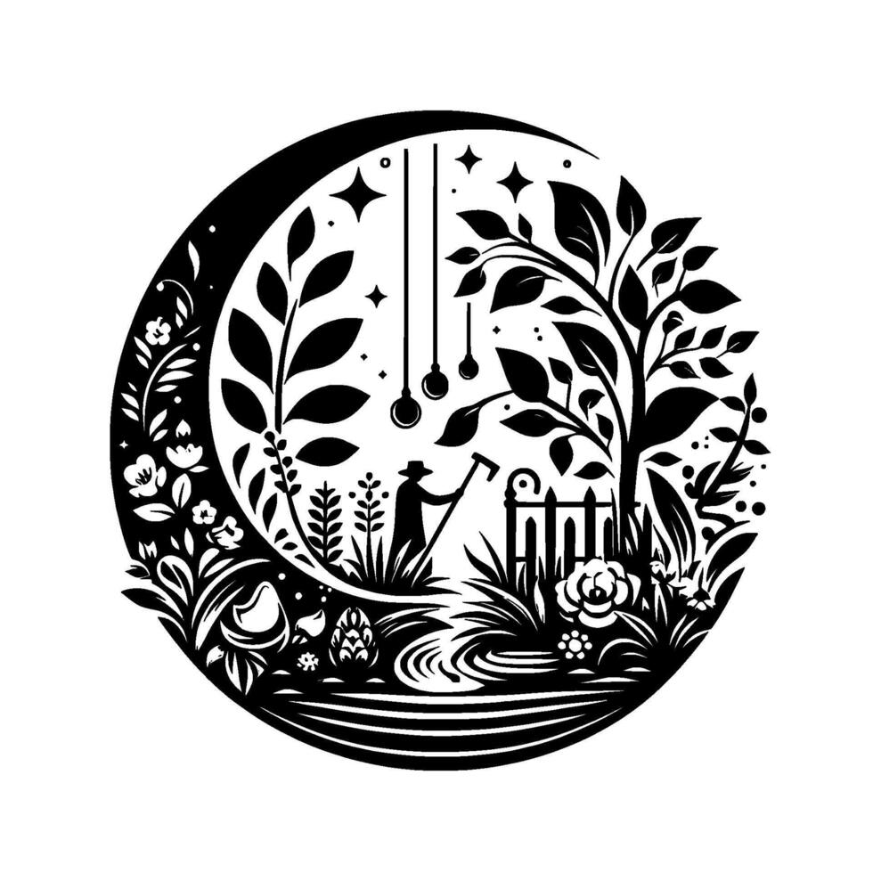 Whimsical Garden Scene in a Crescent Moon Gardener, Flora, and Symbolic Celestial Elements in a Circle vector