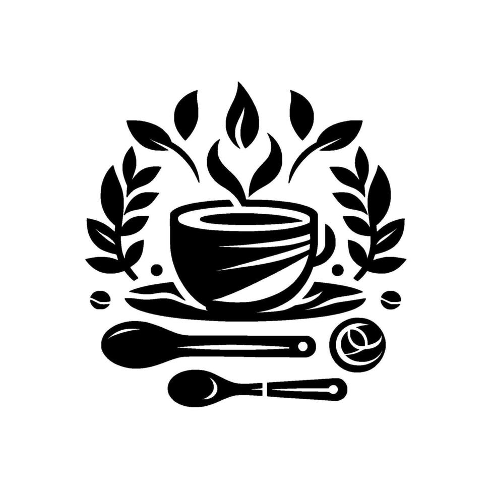 Black and white coffee cup illustration, surrounded by leaves, coffee beans, with spoons, and a decorative food element. vector