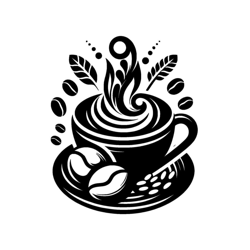 Elegant Black White Coffee Illustration Steaming Cup with swirling smoke, beans, leaves, and decorative elements on a minimalist white backdrop. vector