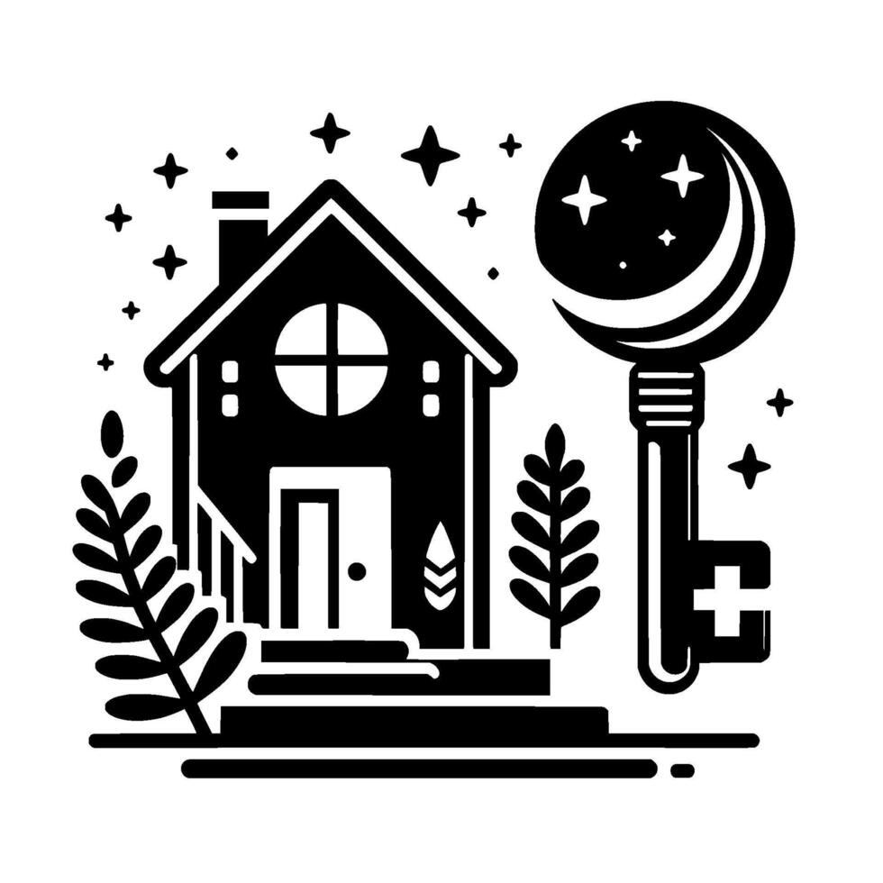 Whimsical black and white illustration of a house with a celestial key, plants, and stars, suggesting home and dreams. vector