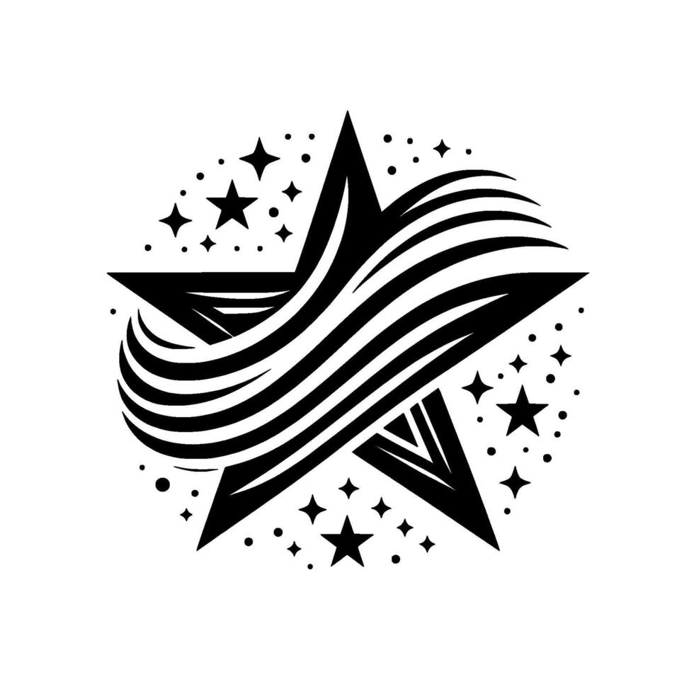 Black and White Starry Emblem A Bold, Illustration of a Star with Wavy Lines and Surrounding Sparkles in a Circular Arrangement vector