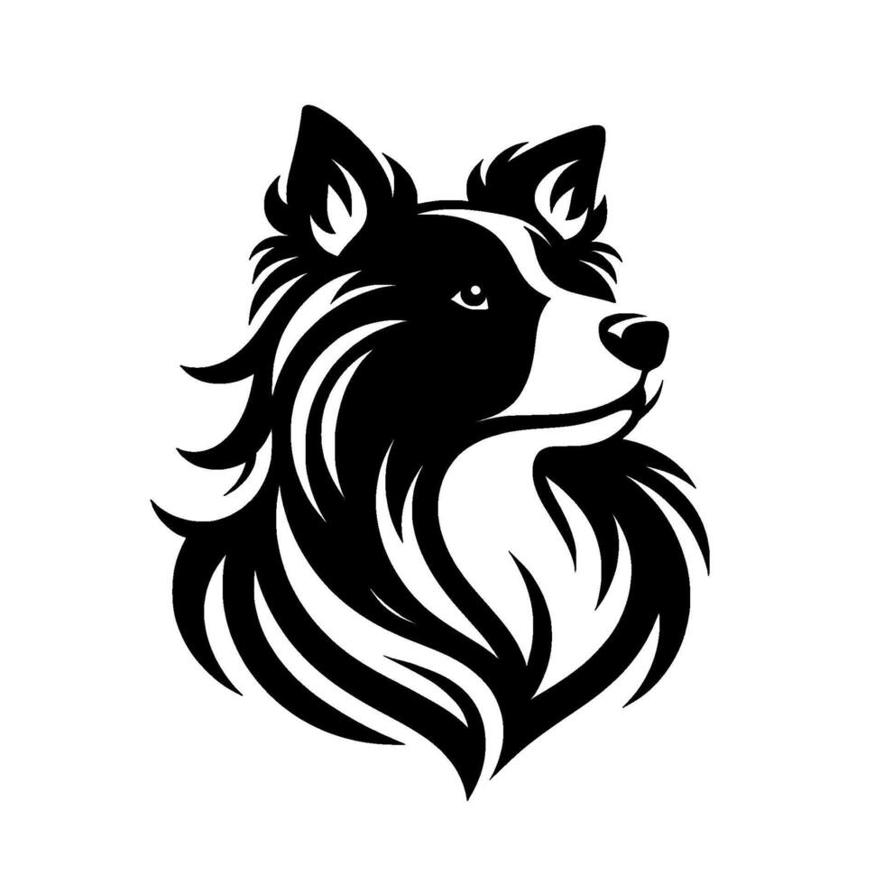 A stylized, monochrome portrait of a Border Collies head and shoulders, looking offcenter, showcasing fur details. vector