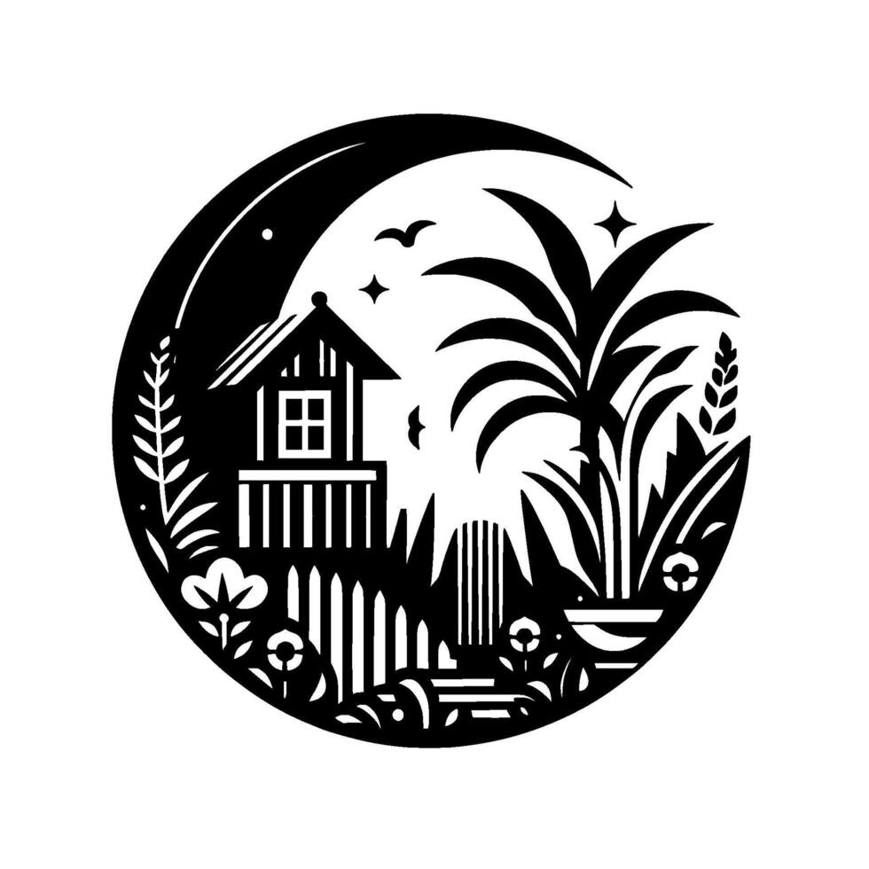 A stylized black and white illustration within a crescent moon, featuring a small house, lush plants, flowers, and a fence, evoking a serene garden scene. vector
