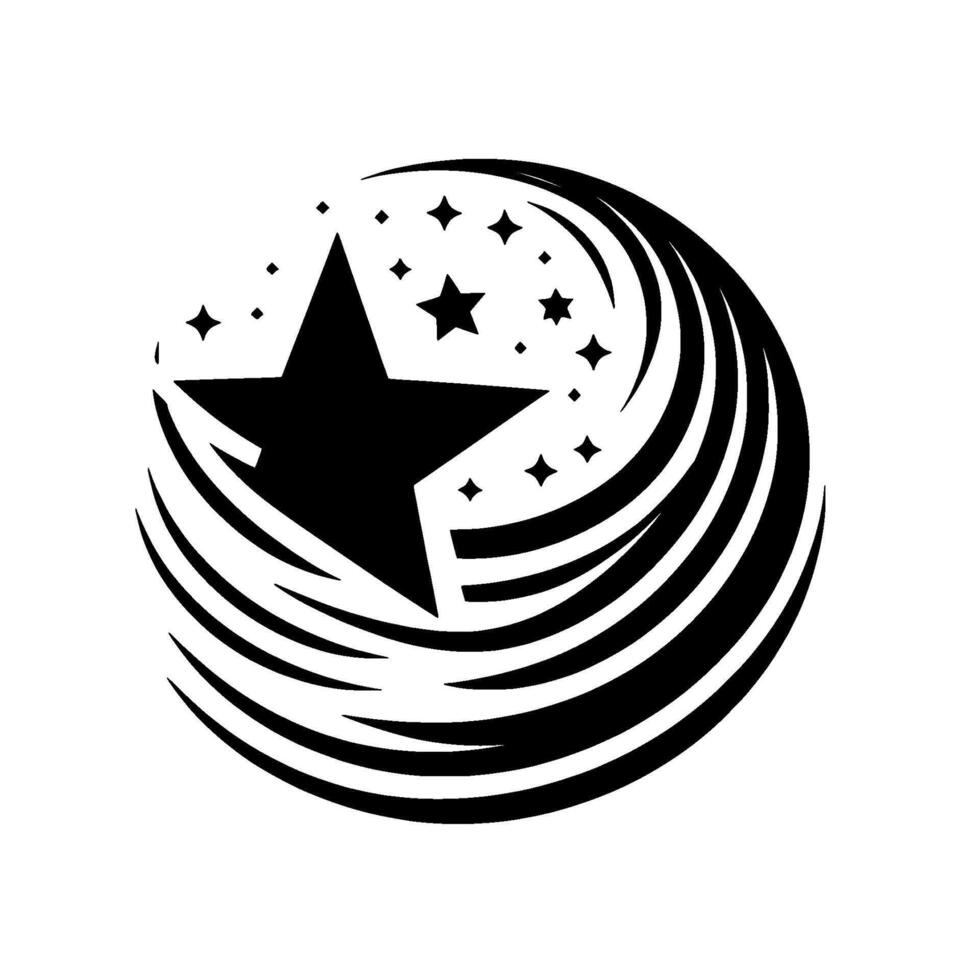 Bold Black Star Surrounded by Swirling Lines and Starbursts on White, Modern . vector