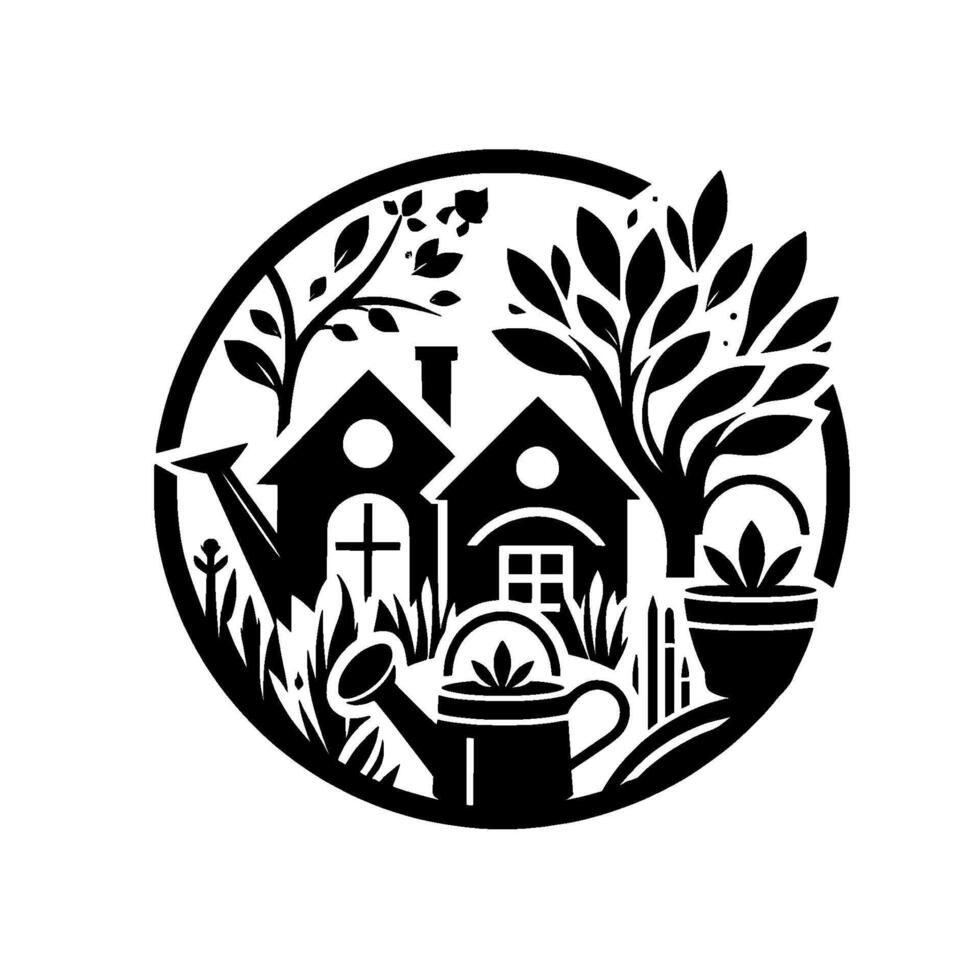 Black and white circular illustration of a cozy garden scene, featuring houses, trees, watering cans, and plants, embodying nature and tranquility. vector