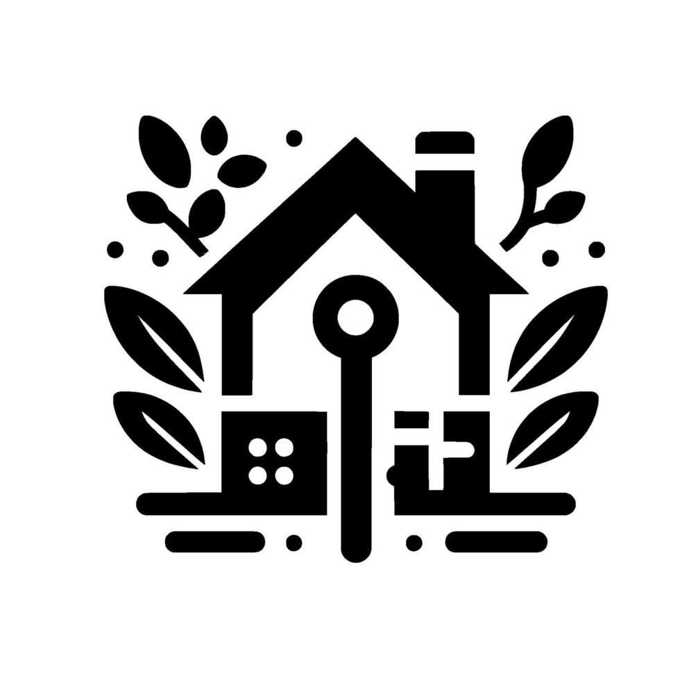 Geometric Black and White Home with Key, Plants and Dots, Illustrating Real Estate, Security Nature Elements. vector