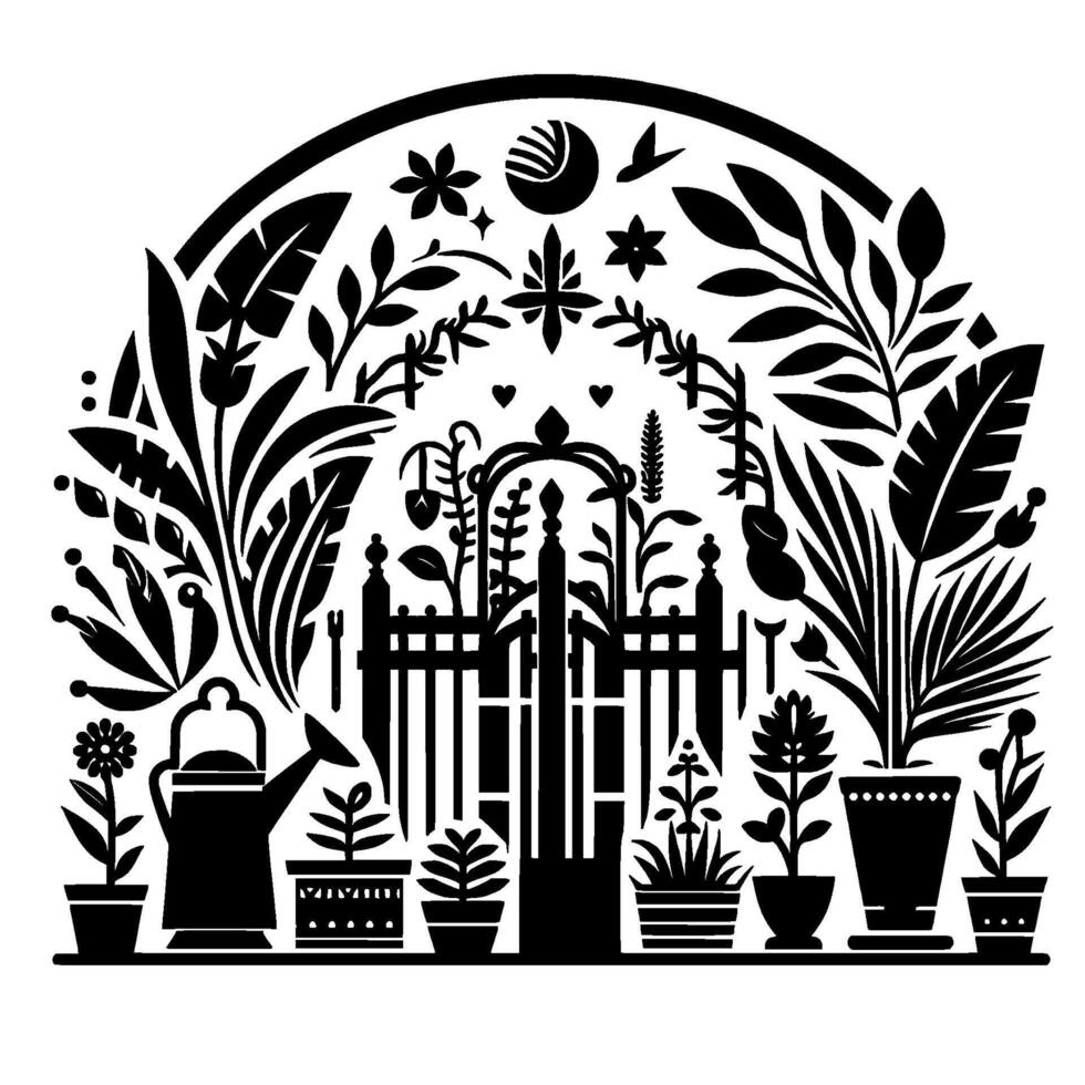 Black and white garden illustration featuring a gate, potted plants, and arch of stylized foliage, creating a harmonious scene. vector