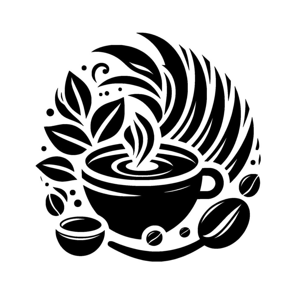 Artistic Black and White Coffee Cup with Floral Bean Embellishments, Steaming and Spiraling vector