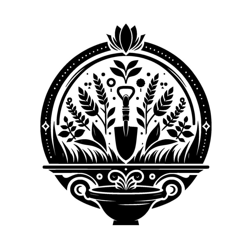 Elegant Black and White Garden Crest Shovel, Flourish, Lotus, Plants, and a Decorative Urn within a Dotted Circle vector
